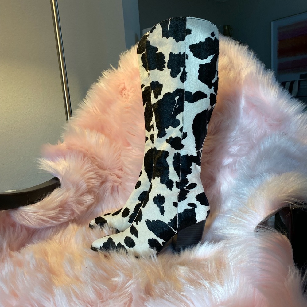 Cowprint fur knee high cowgirl boots